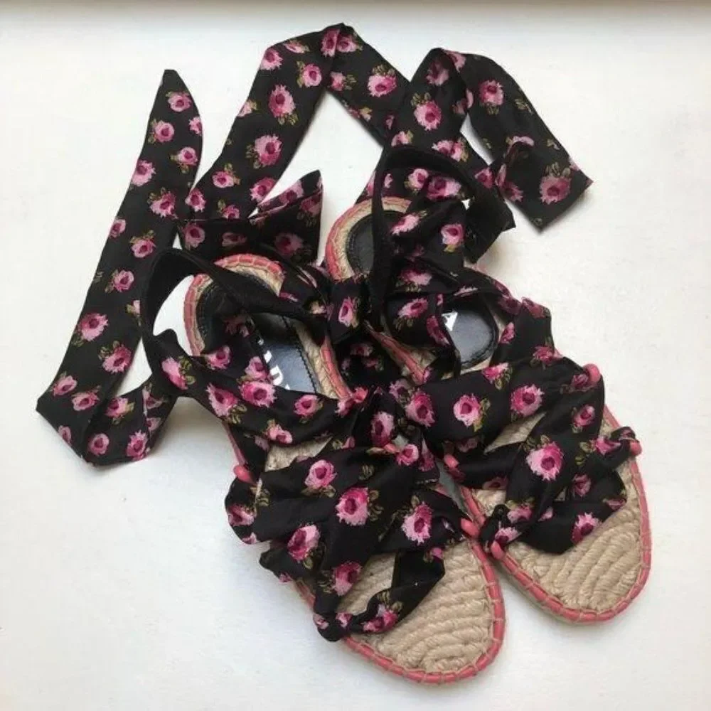 Prada Rose-Print Wraparound Platform Espadrille Sandals EU 37
